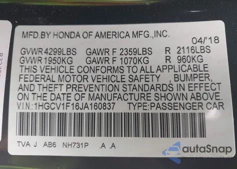 2018 Honda Accord Lx z USA, uszkodzony, nr VIN 1HGCV1F16JA160837